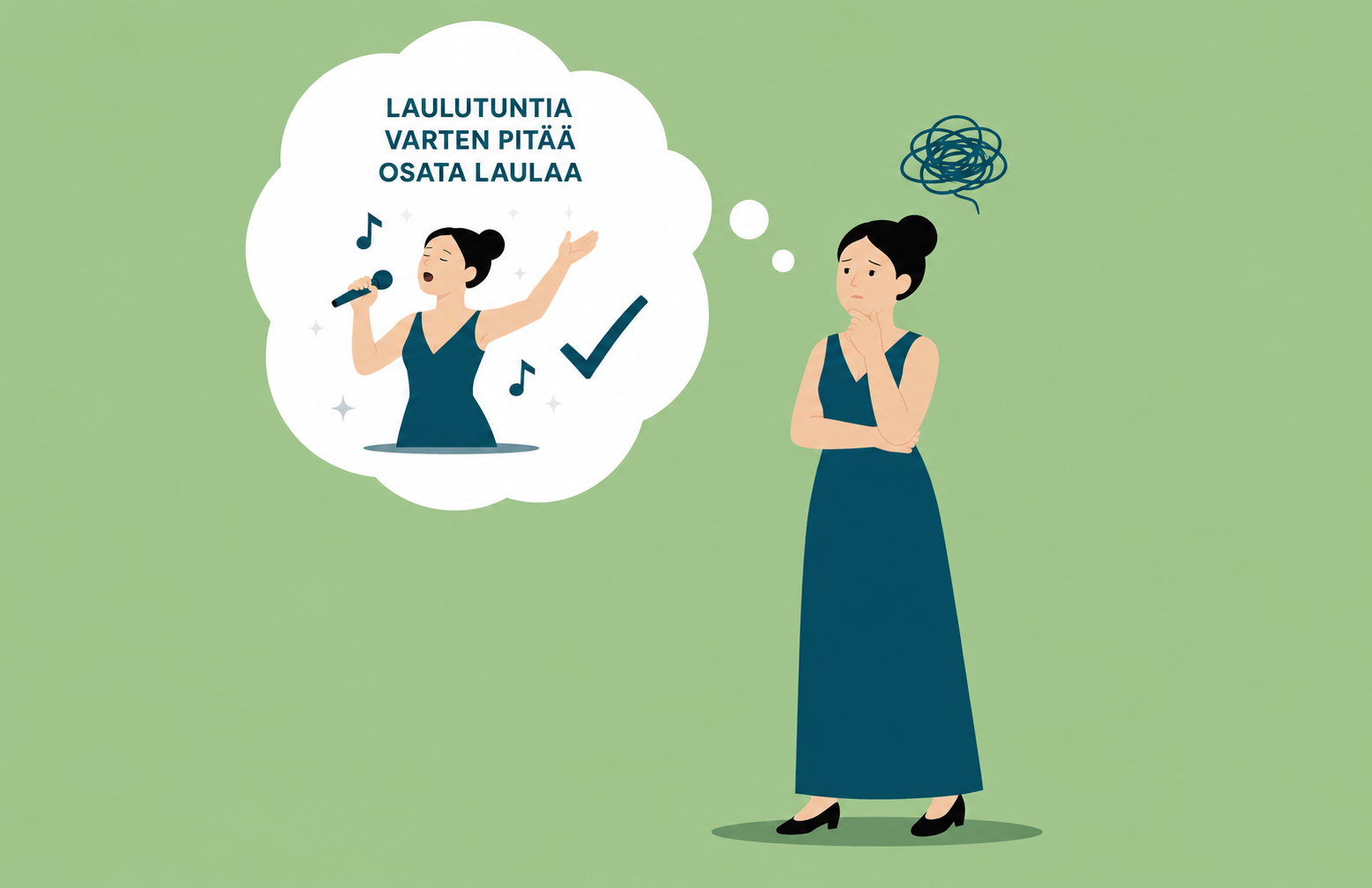 Nainen seisoo vihreällä taustalla, ajatuskuplassa laulava nainen ja nuotteja, teksti “Laulutuntia”.