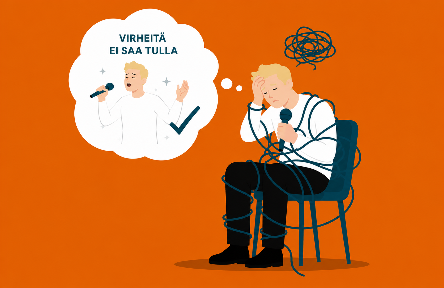 Sarjakuva mies istuu tuolilla, laulaa mikrofoniin, päässä virhettä kuvaava ajatuspilvi ja sekava ääniaalto.